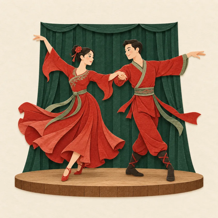 Two people in red costumes practise a dance on a small stage