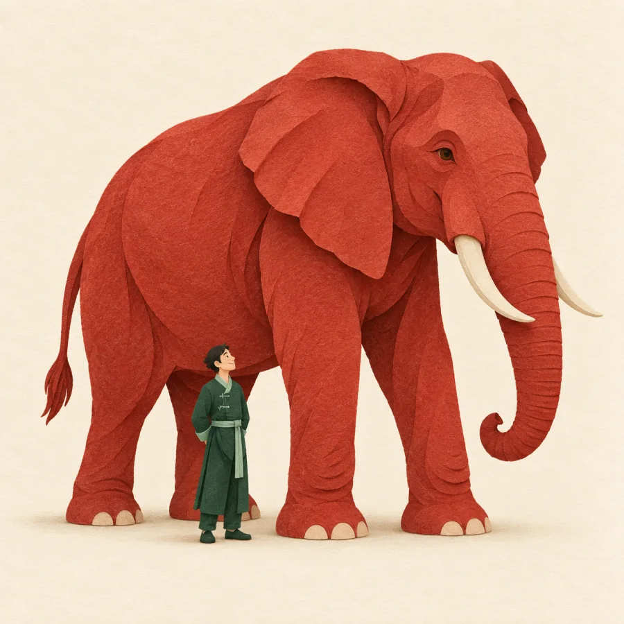 A tiny person beside a gigantic red elephant