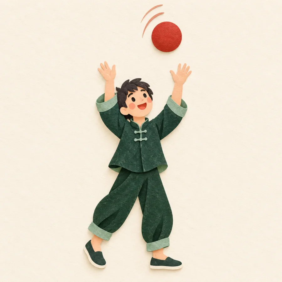 A person tosses a red ball into the air