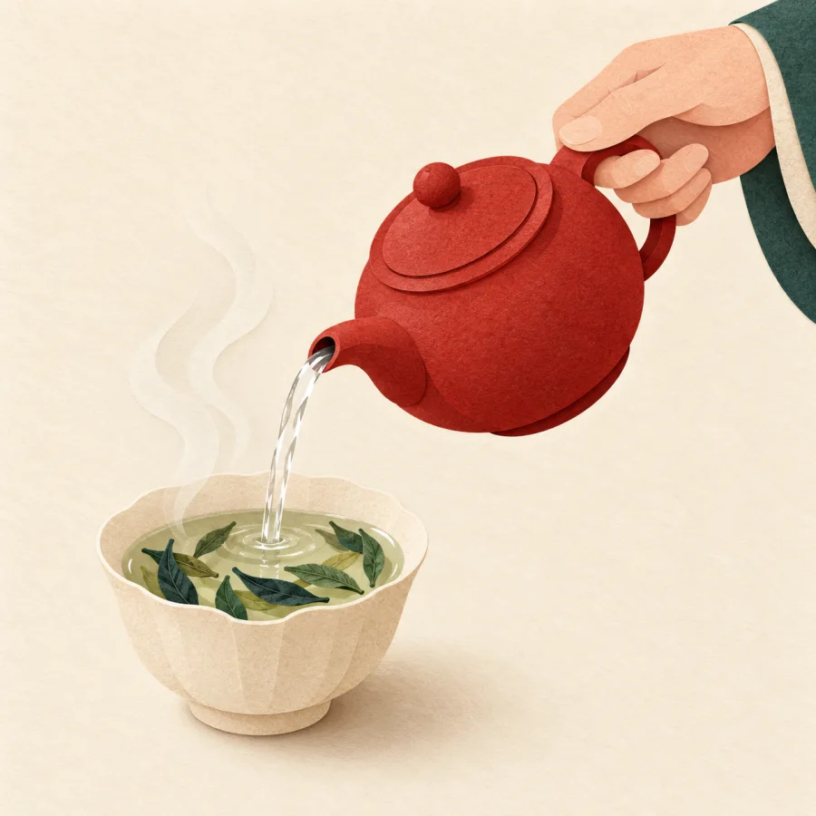 A hand pours hot water from a red teapot into a cup