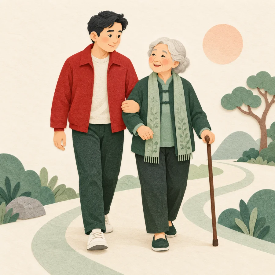A person in a red jacket walks beside an elderly person