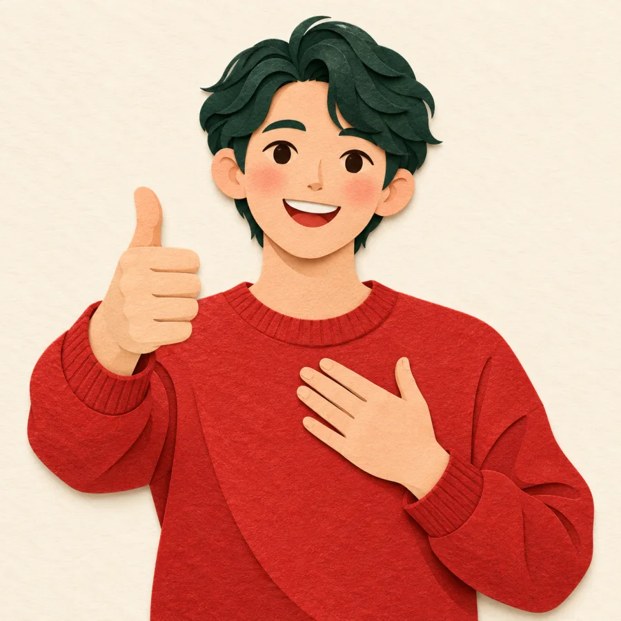A smiling person gives a big thumbs-up