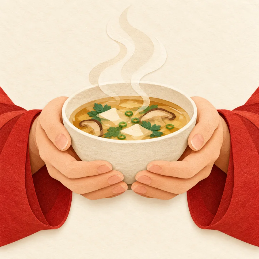 A person carefully holds a bowl of hot soup in both hands