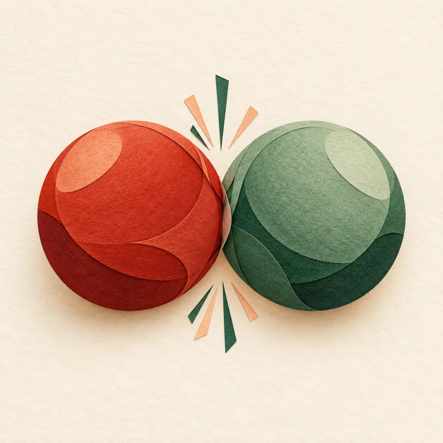 A red ball and a green ball collide with small sparks