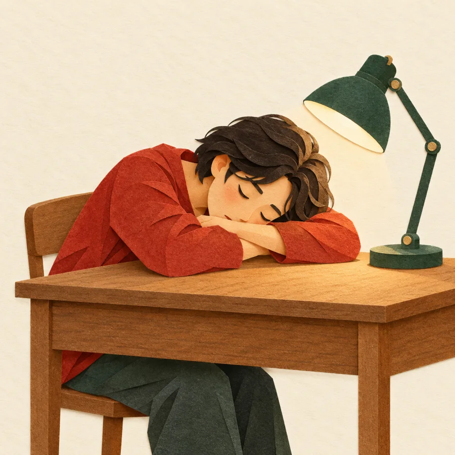 A weary person rests their head on folded arms at a desk