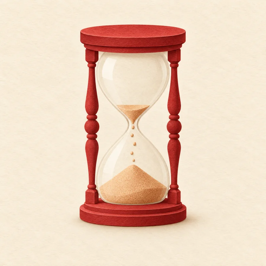 A small hourglass with its last grains of sand falling