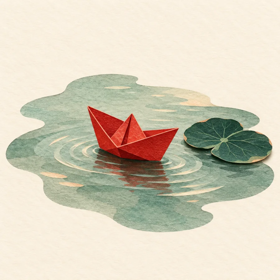 A red paper boat drifts on calm green water