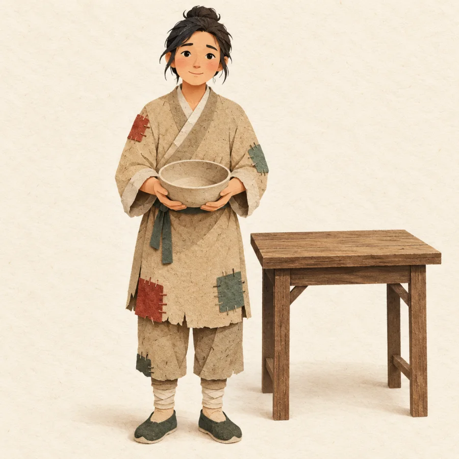 A person in patched clothes holds an empty bowl by a bare table