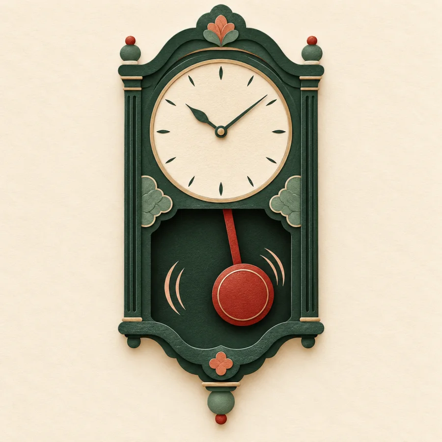 A pendulum clock with a swinging red pendulum