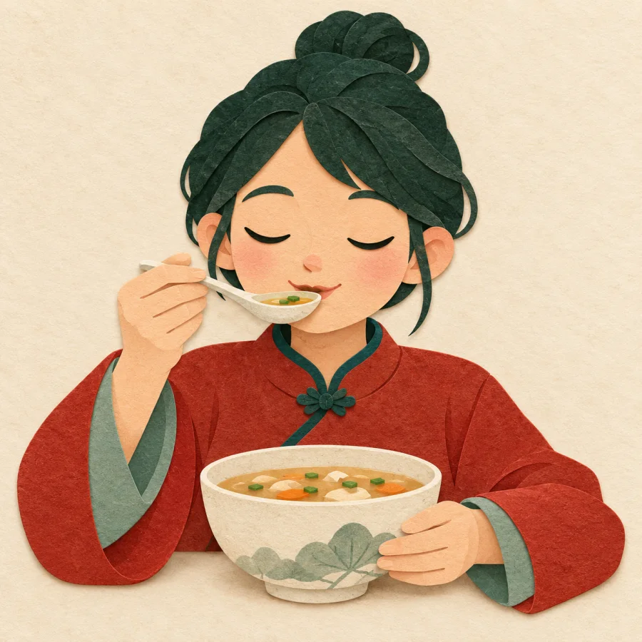 A person with closed eyes lifts a spoonful of soup to their lips