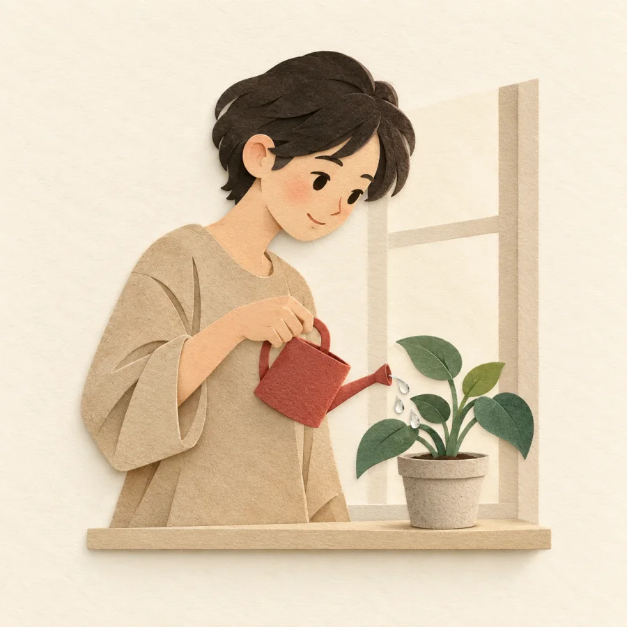 A person in plain clothes waters a potted plant on a windowsill