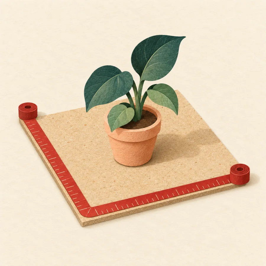 A square patch of floor with a red tape measure and a plant