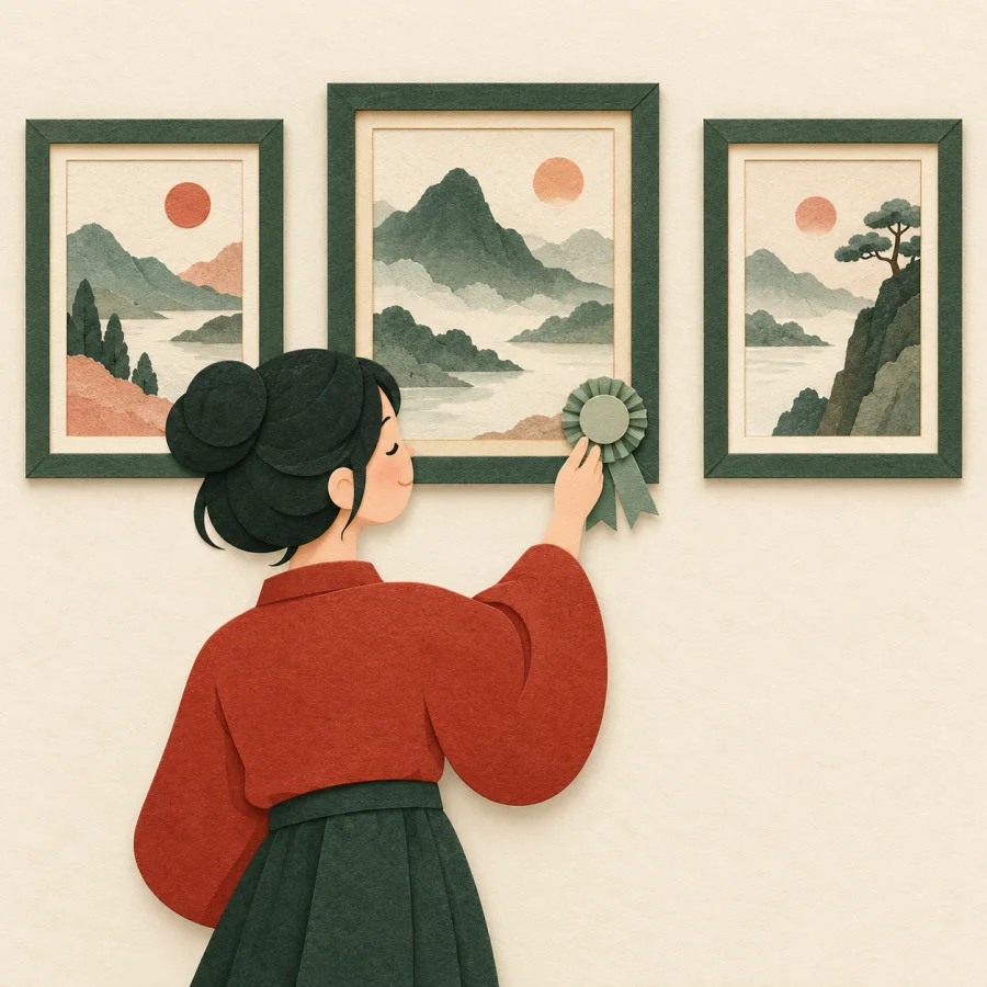 A person pins a green rosette on one of three paintings