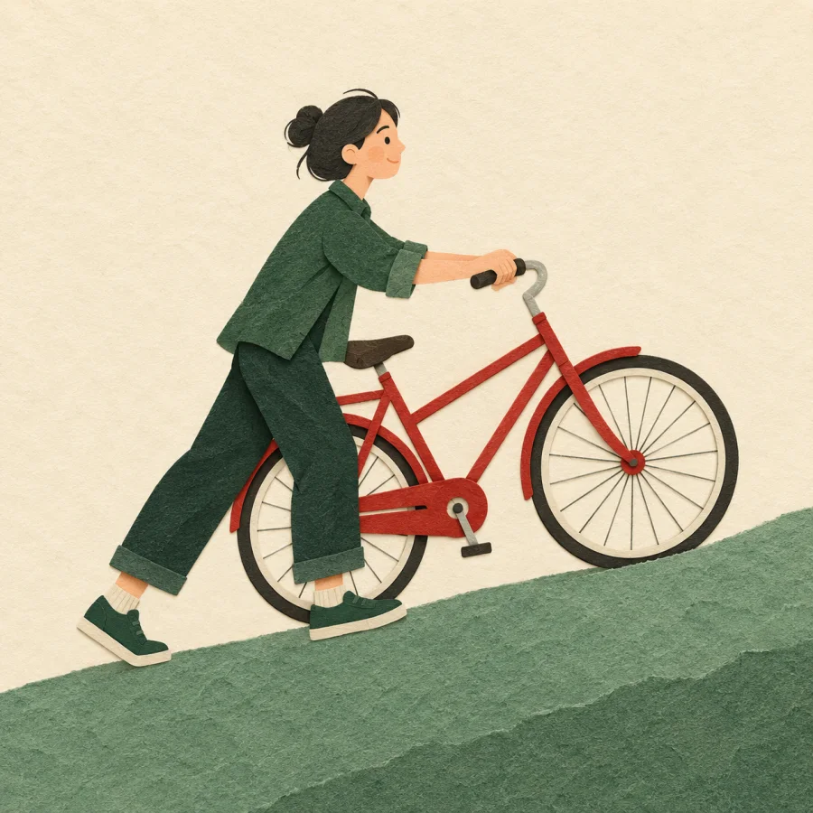 A person pushes a red bicycle up a green slope