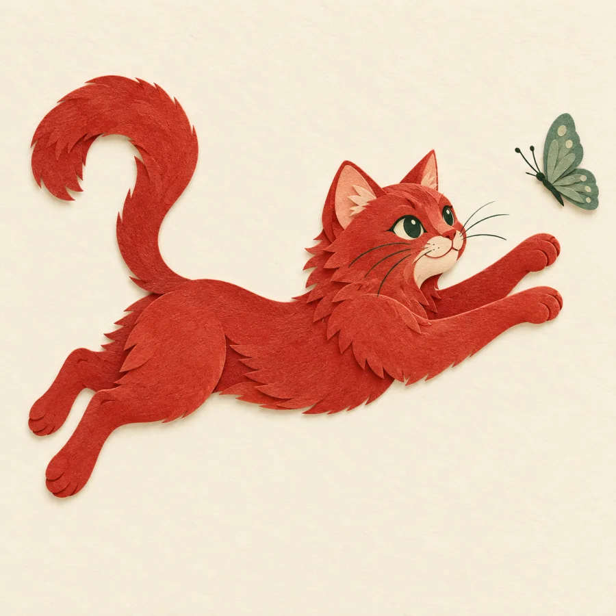 A red cat leaps with paws stretched toward a butterfly