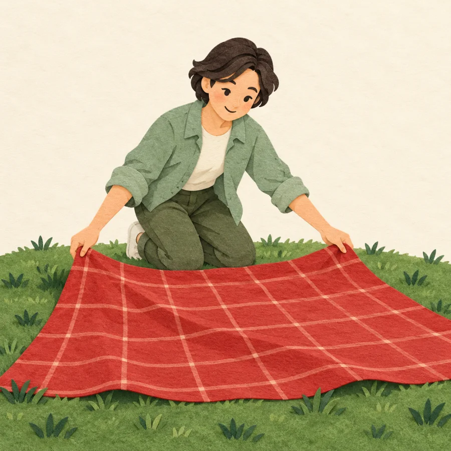 A person kneels to spread a red cloth on the grass