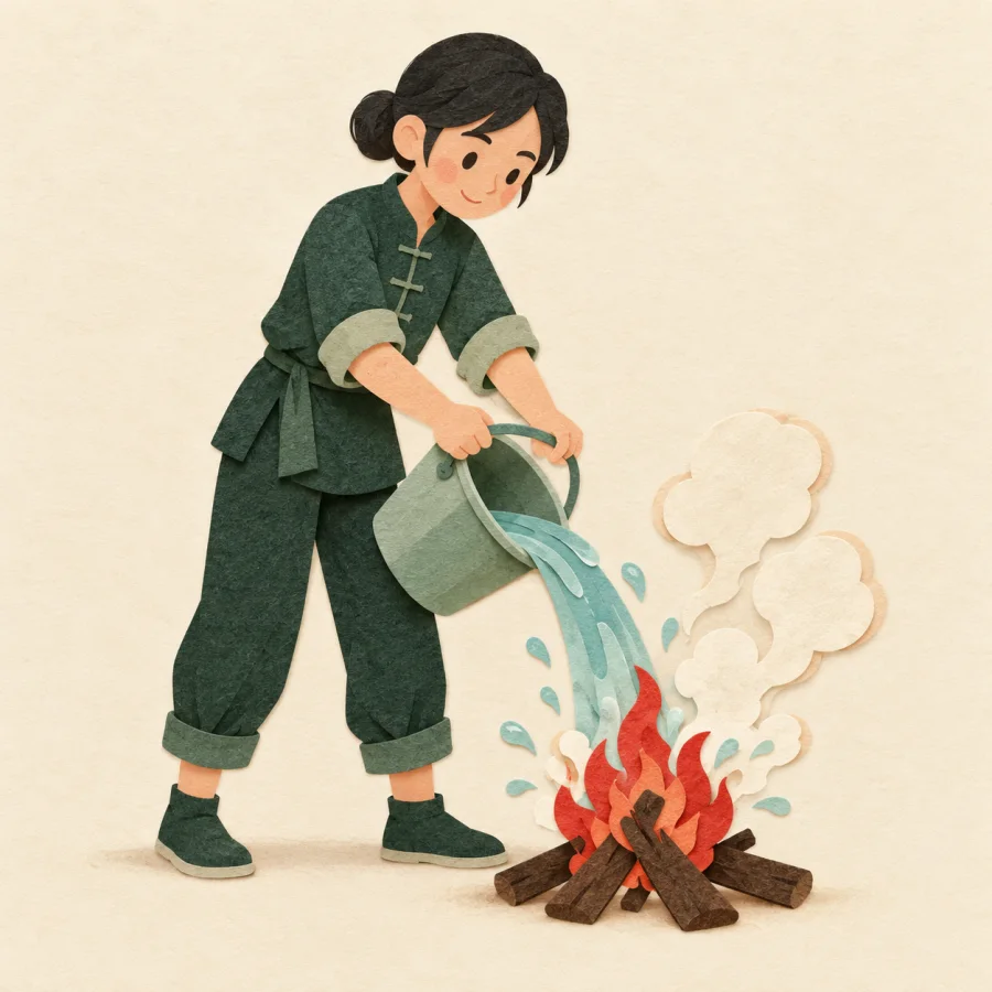 A person pours a bucket of water on a campfire, steam rising