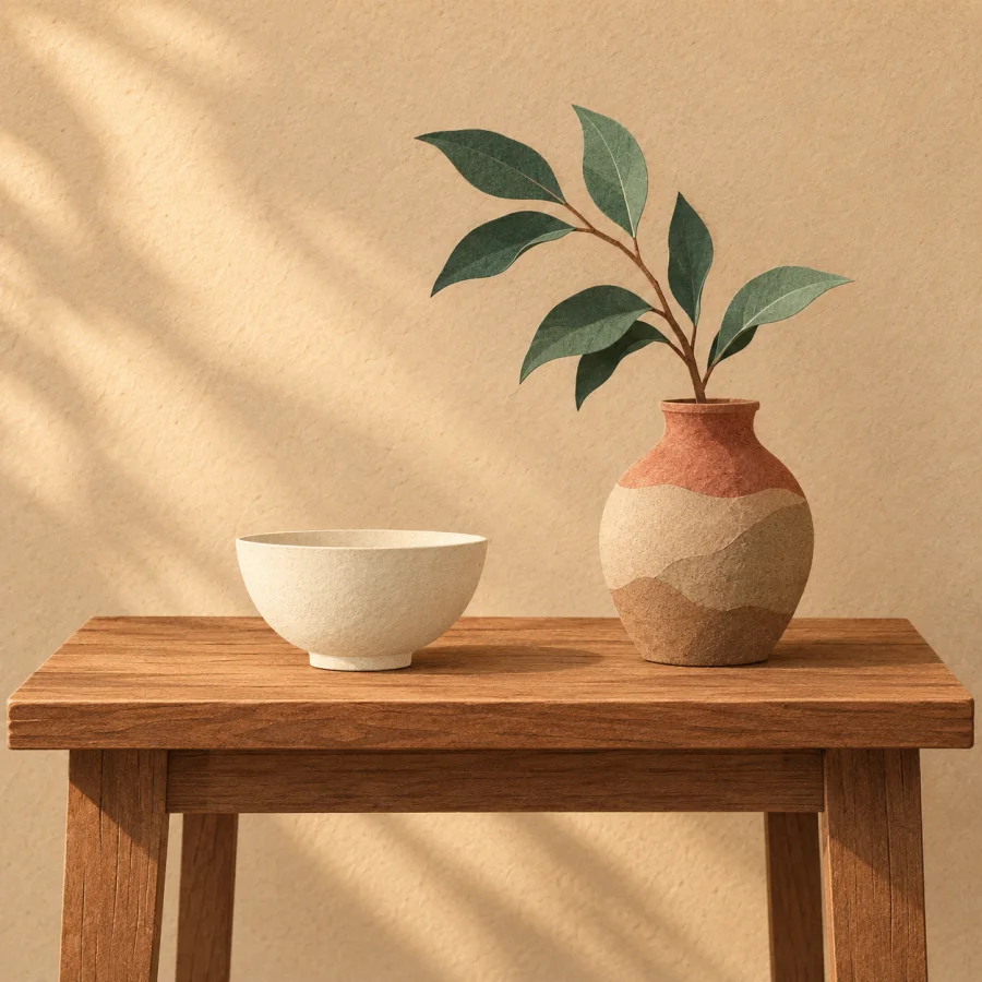 A bare wooden table with a bowl and a branch in a jar