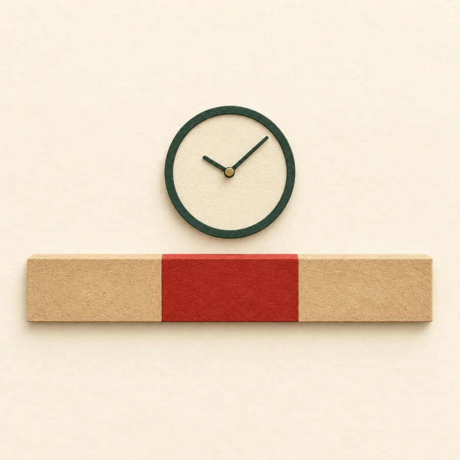 A long bar with a red middle section and a small clock