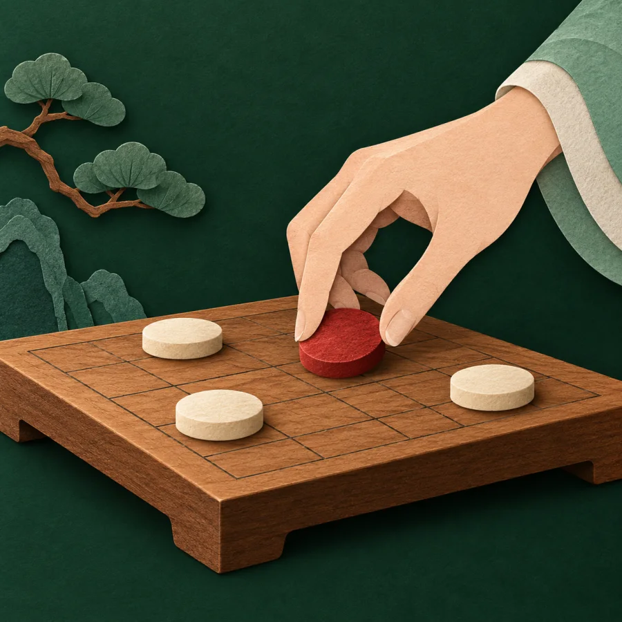 A hand places a red piece on a wooden board