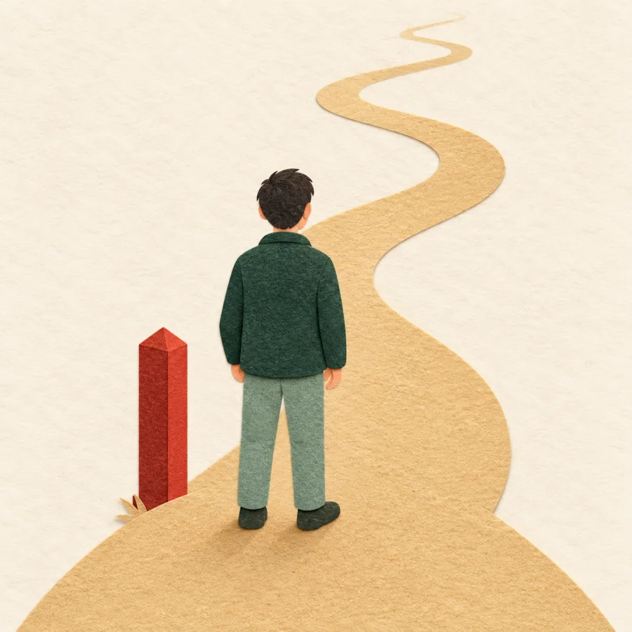 A person stands at the start of a winding road by a red post