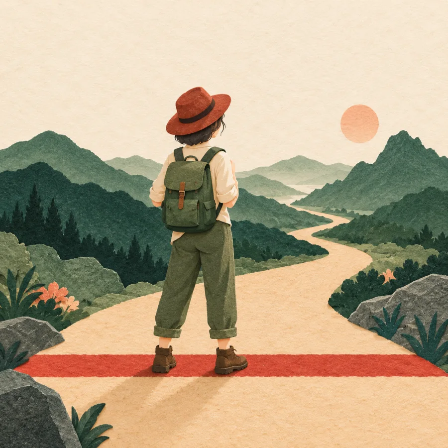 A traveler stands on a red starting line before a path to hills