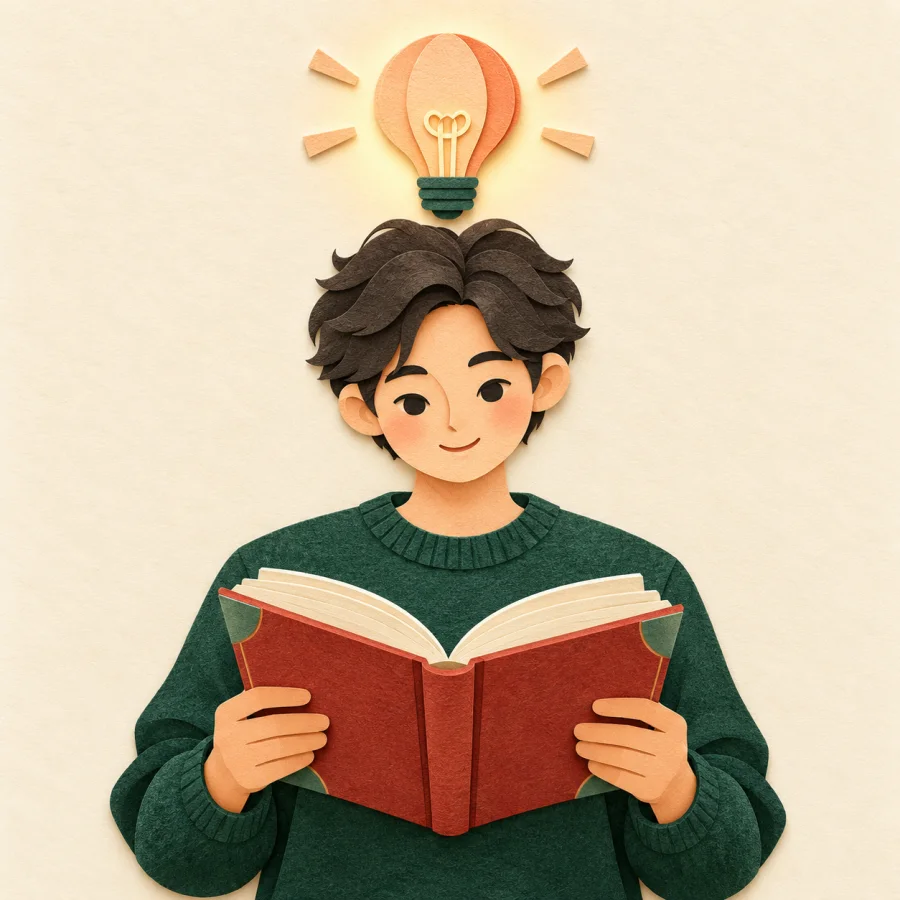 A person reads a book with a glowing lightbulb overhead