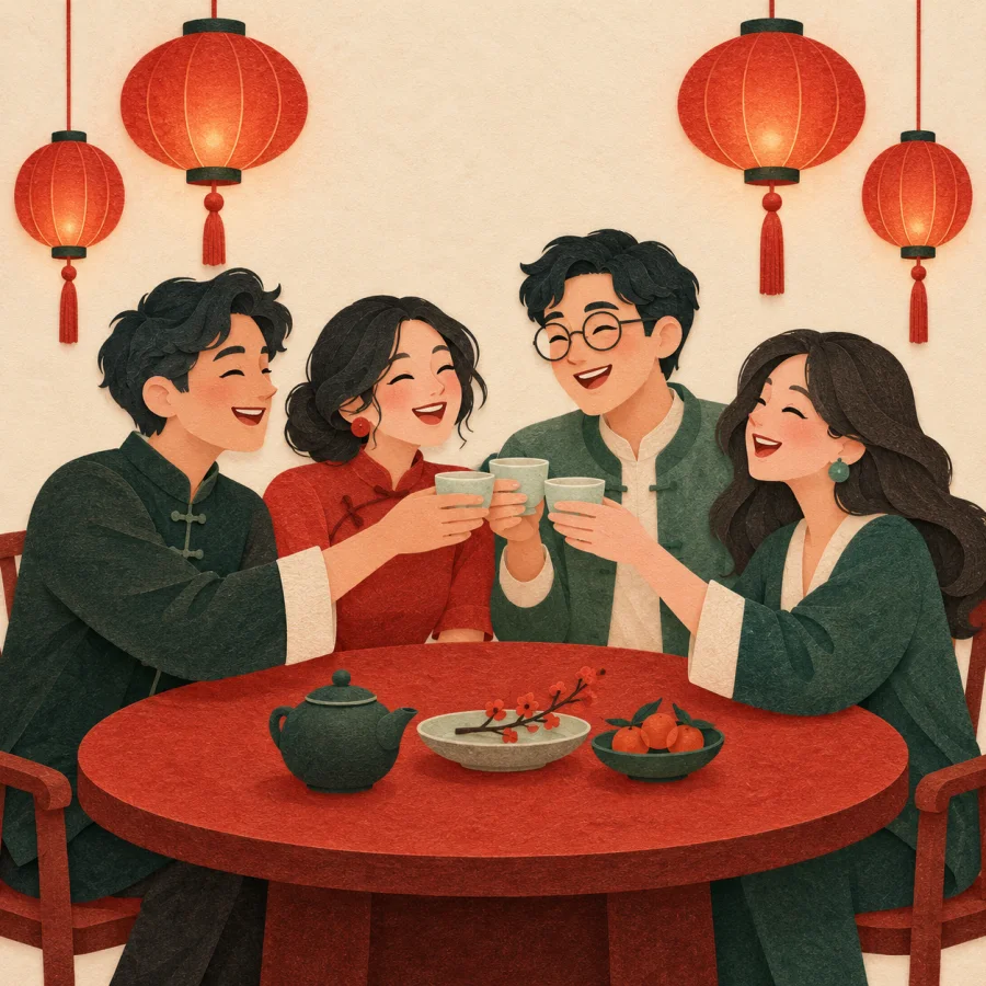 Friends laugh around a table lit by red lanterns