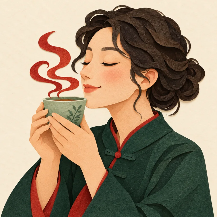 A person with closed eyes sniffs a steaming cup