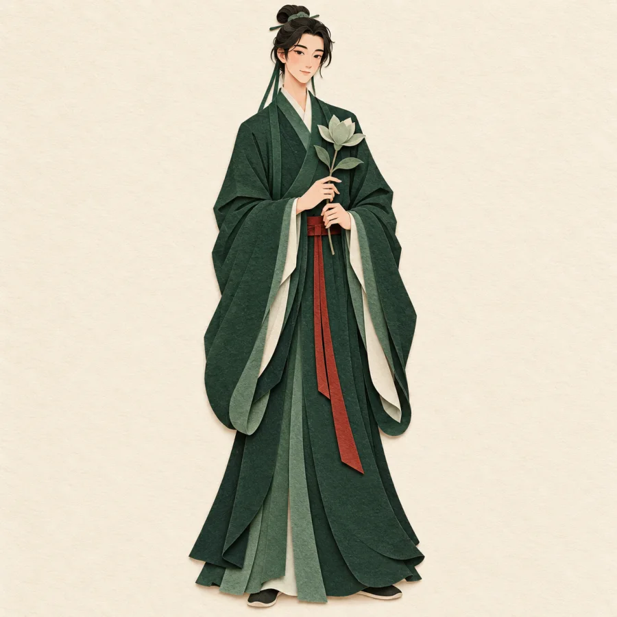 An elegant person in a green robe holds a flower