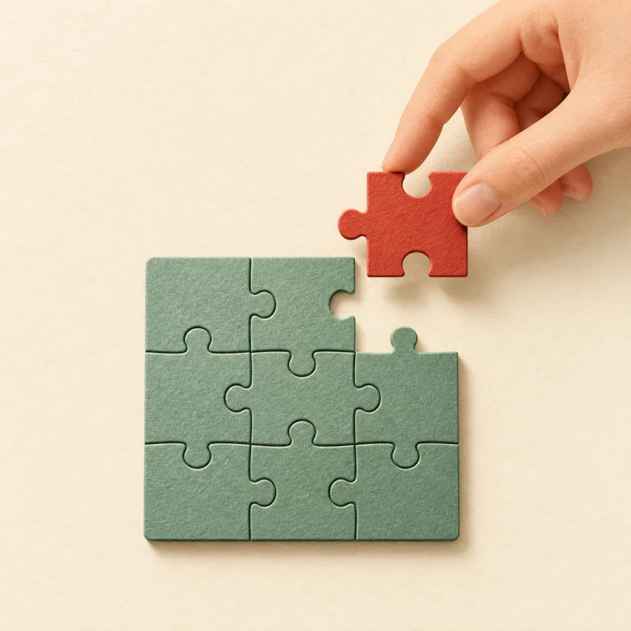 A hand fits a red puzzle piece into the last gap