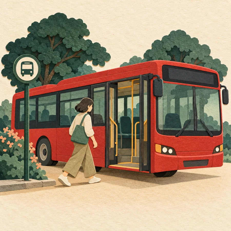 A red bus pulls up to a stop as the doors open