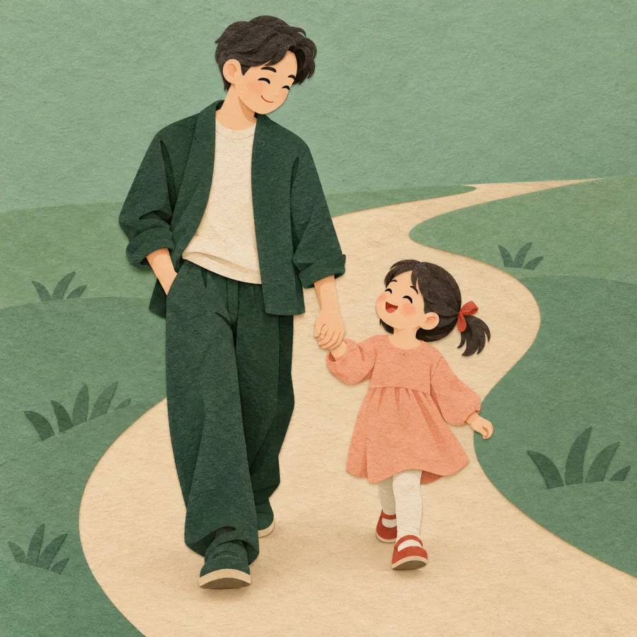 An adult leads a child by the hand along a path