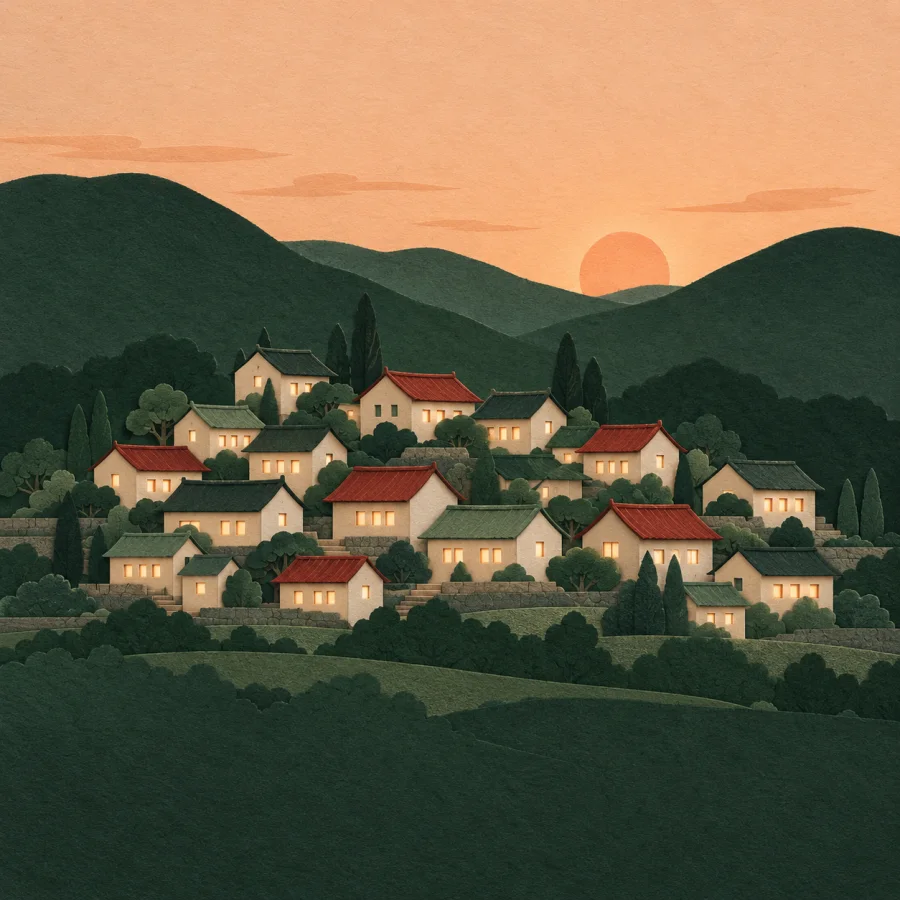 Many small houses with glowing windows at dusk