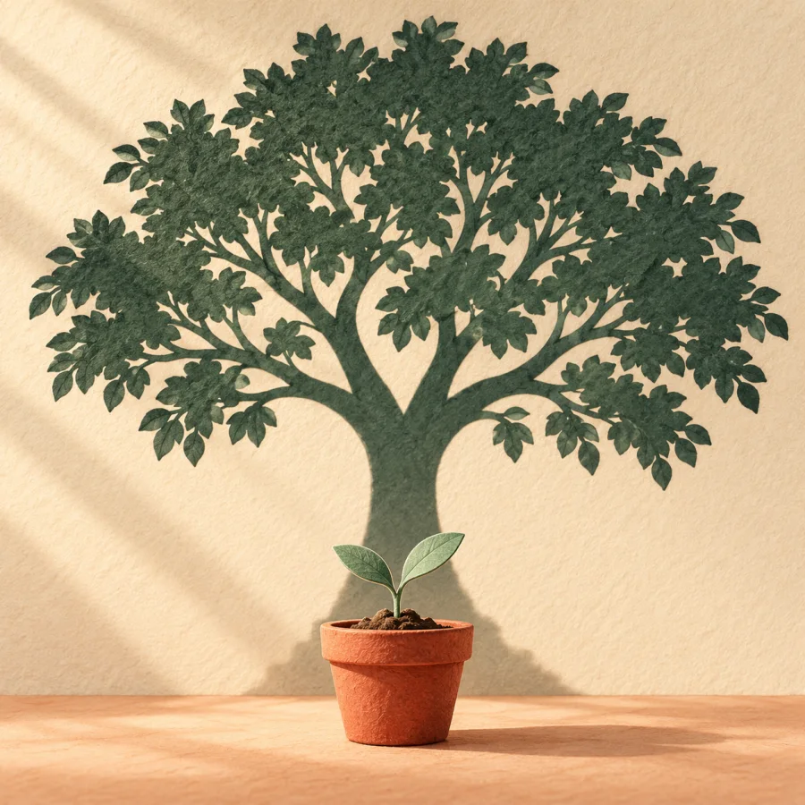 A tiny sprout in a pot casts a big tree's shadow