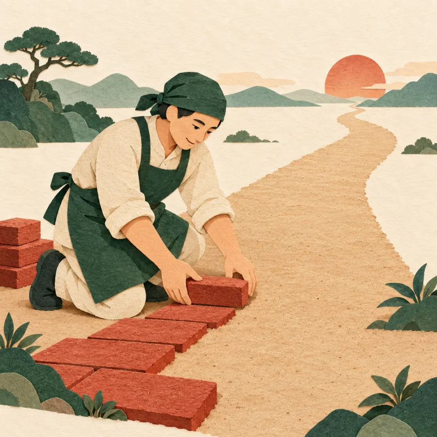A builder lays the first bricks of a long path