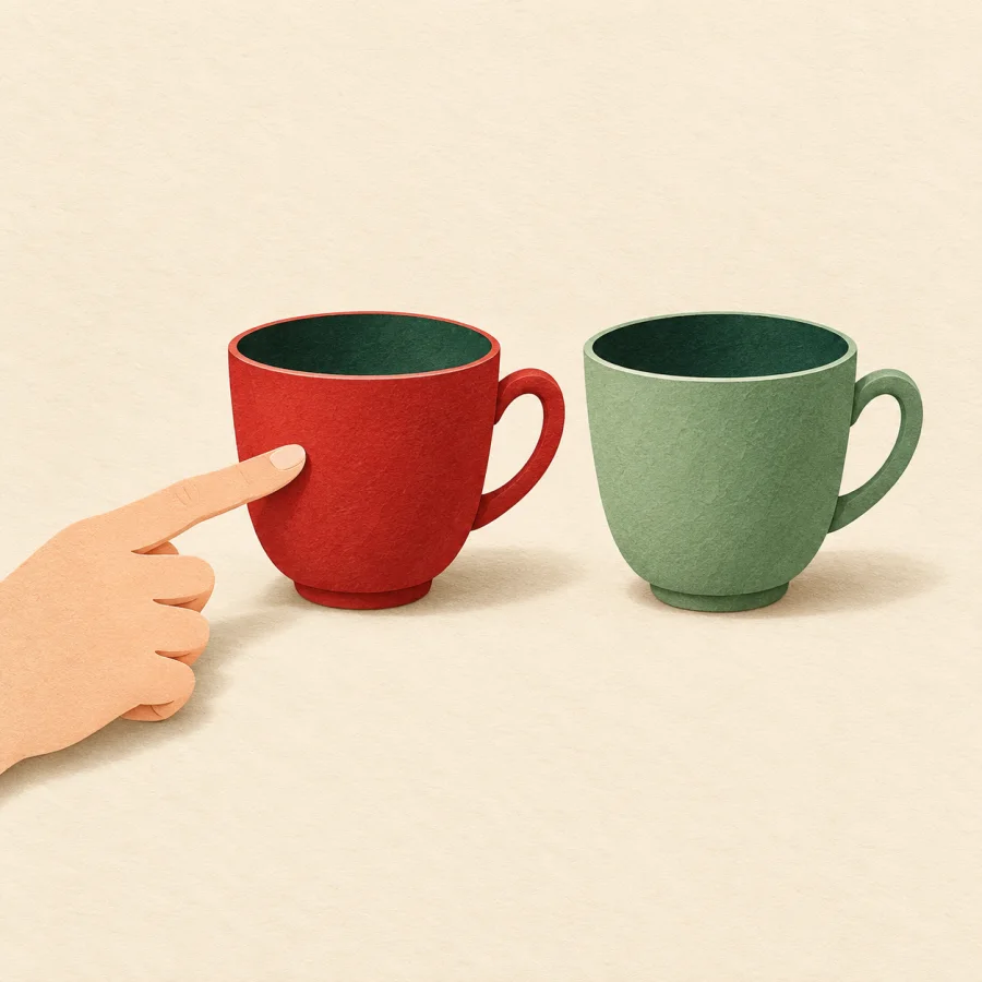 A hand points at the left of two cups