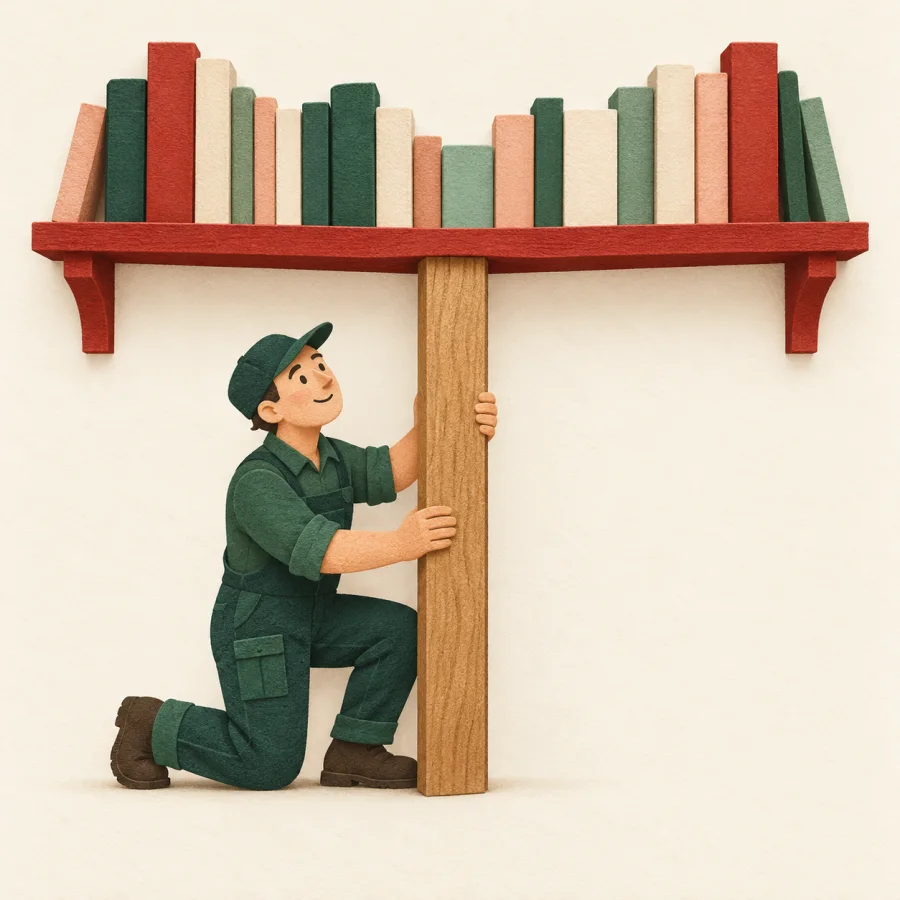 A builder braces a sagging shelf with a thick beam