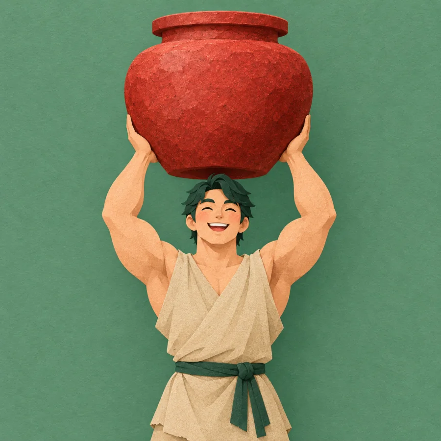 A smiling person lifts a heavy jar overhead