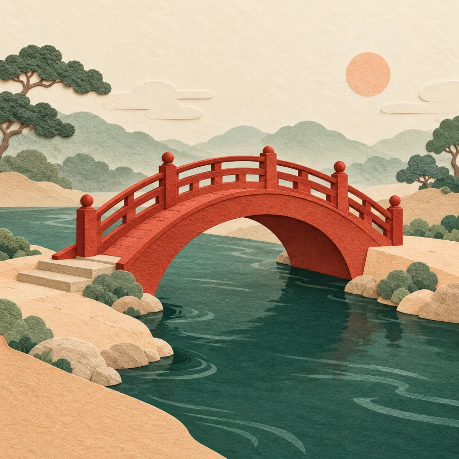 A red arched bridge joins two banks over a river
