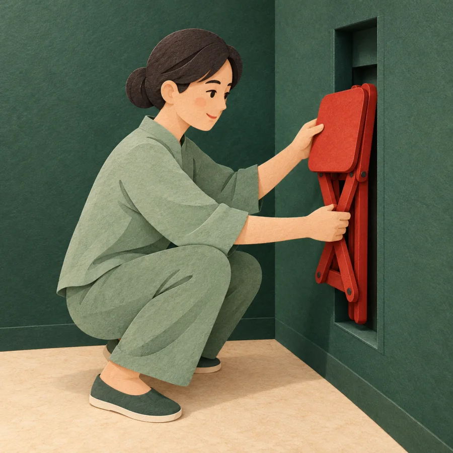 A person pulls a folding stool from a slot in the wall