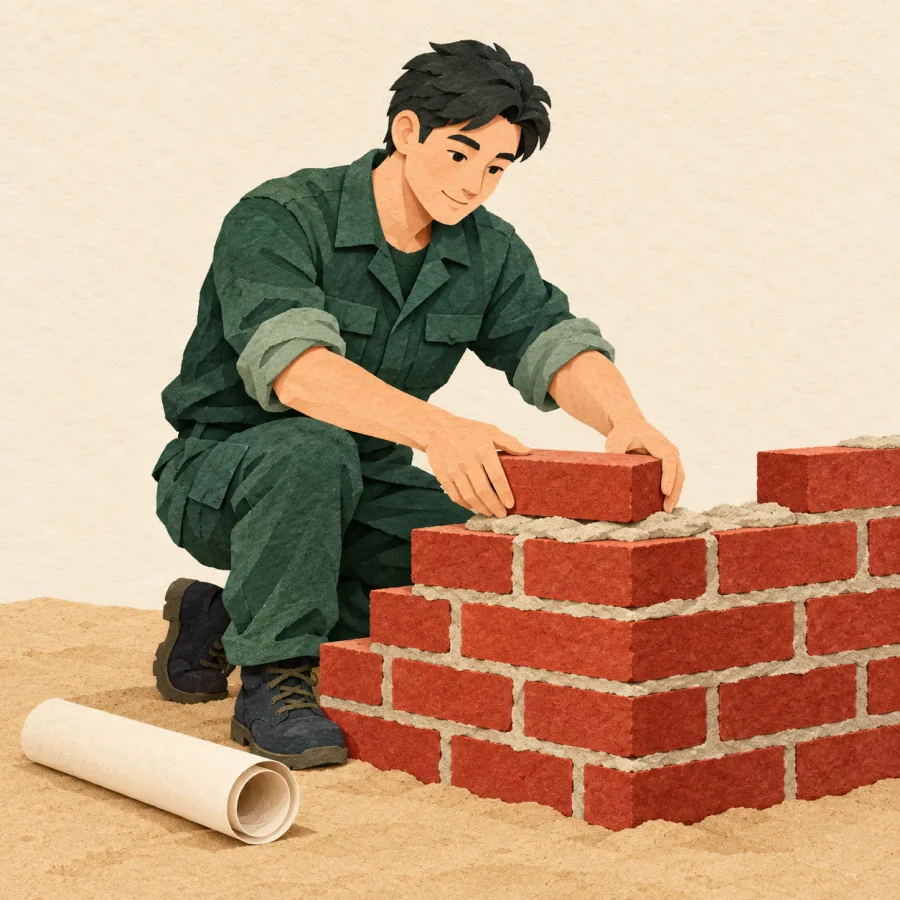A person with rolled sleeves builds a real brick wall