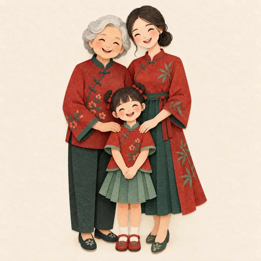 Three generations of a family stand close and smile