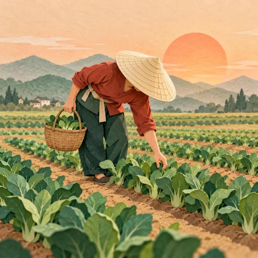 A person in a straw hat works the crop rows at dawn