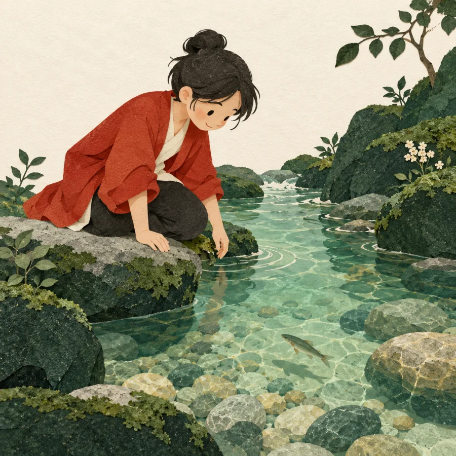 A person by a stream sees pebbles and a fish below