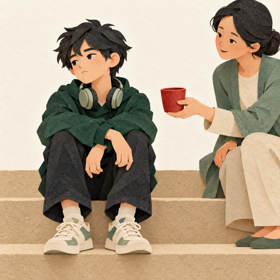 A teen with headphones sits on a step looking away