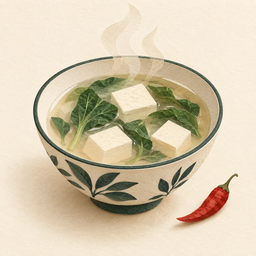 A bowl of pale broth with green leaves and a chili aside