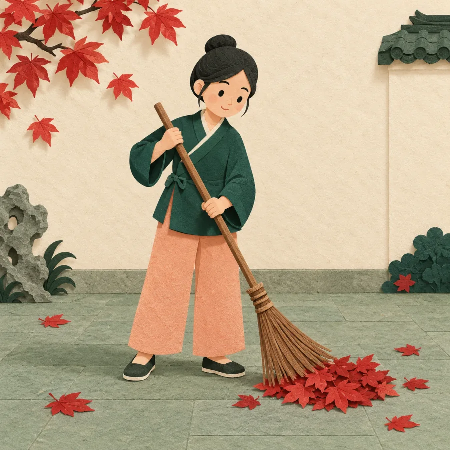 A person sweeps fallen leaves with a long broom