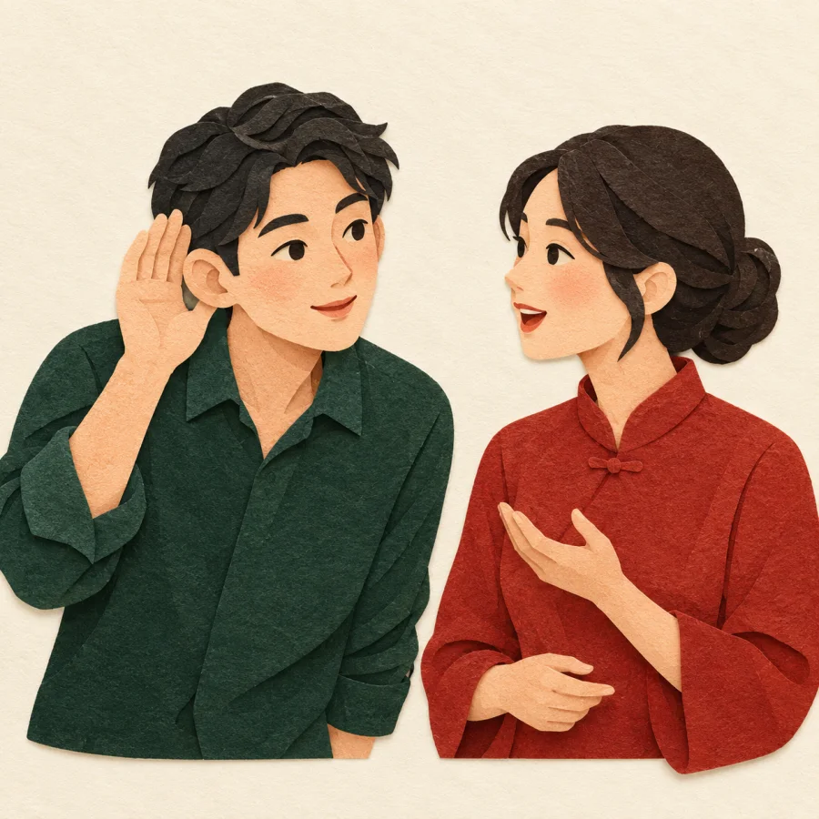 A person cups a hand to the ear to listen to another