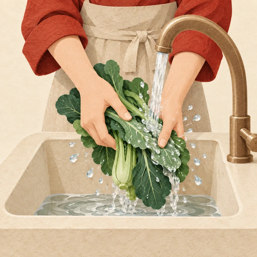 A person rinses green vegetables under running water